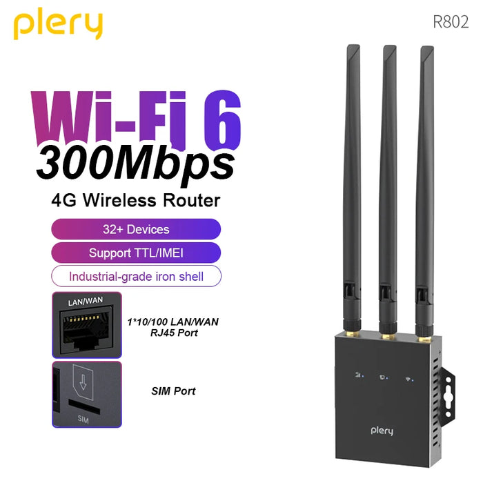 PLERY CAT4 4G LTE WiFi6 Router (300Mbps, Africa/Europe Bands, 32+ Devices)